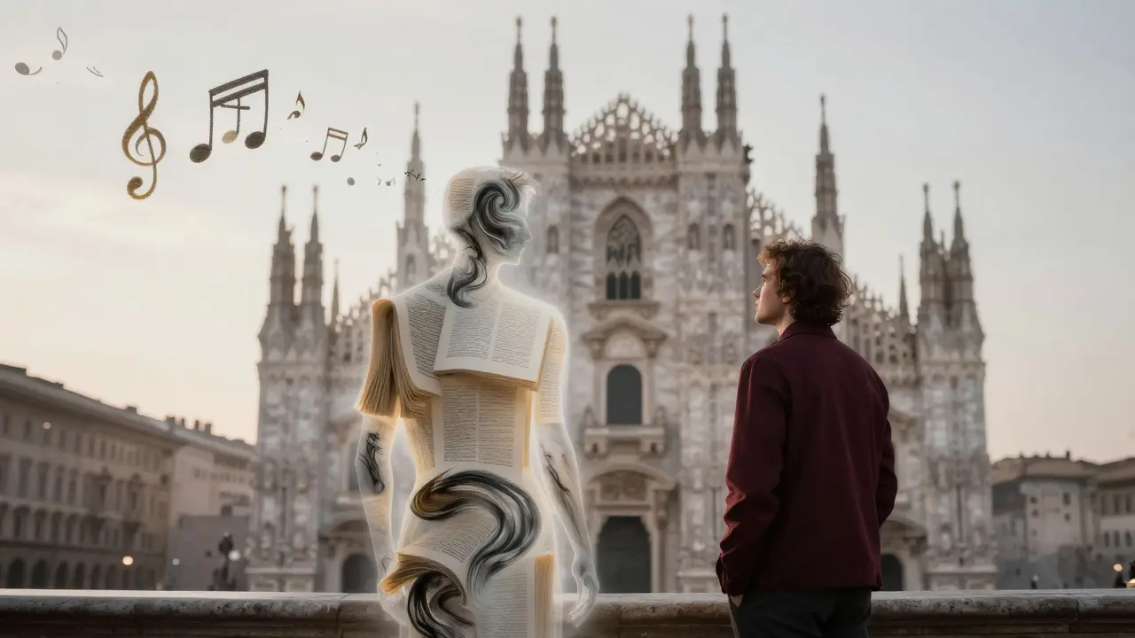 A surreal figure of knowledge and art stands beside a man at dawn before Milan’s Duomo, symbolizing cultural connection.