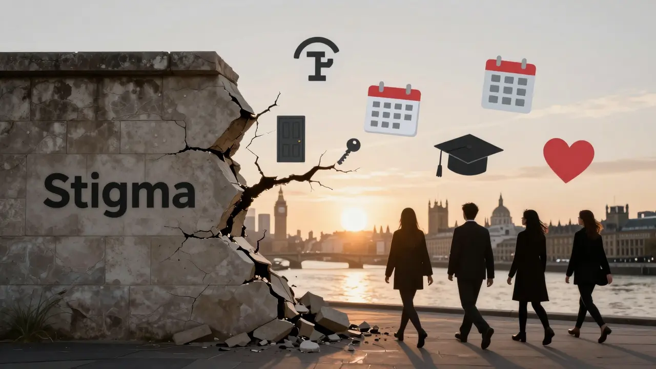 A symbolic illustration of stigma breaking apart to reveal symbols of autonomy, safety, and dignity for sex workers in London.