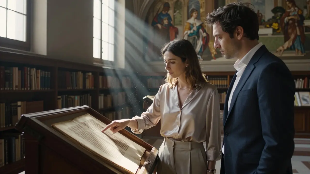 A woman and man study an ancient manuscript together in the quiet, sunlit reading room of Biblioteca Ambrosiana.