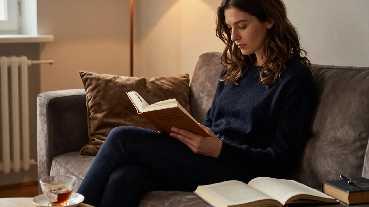 A woman in a quiet Berlin apartment reading by lamplight, surrounded by personal details.