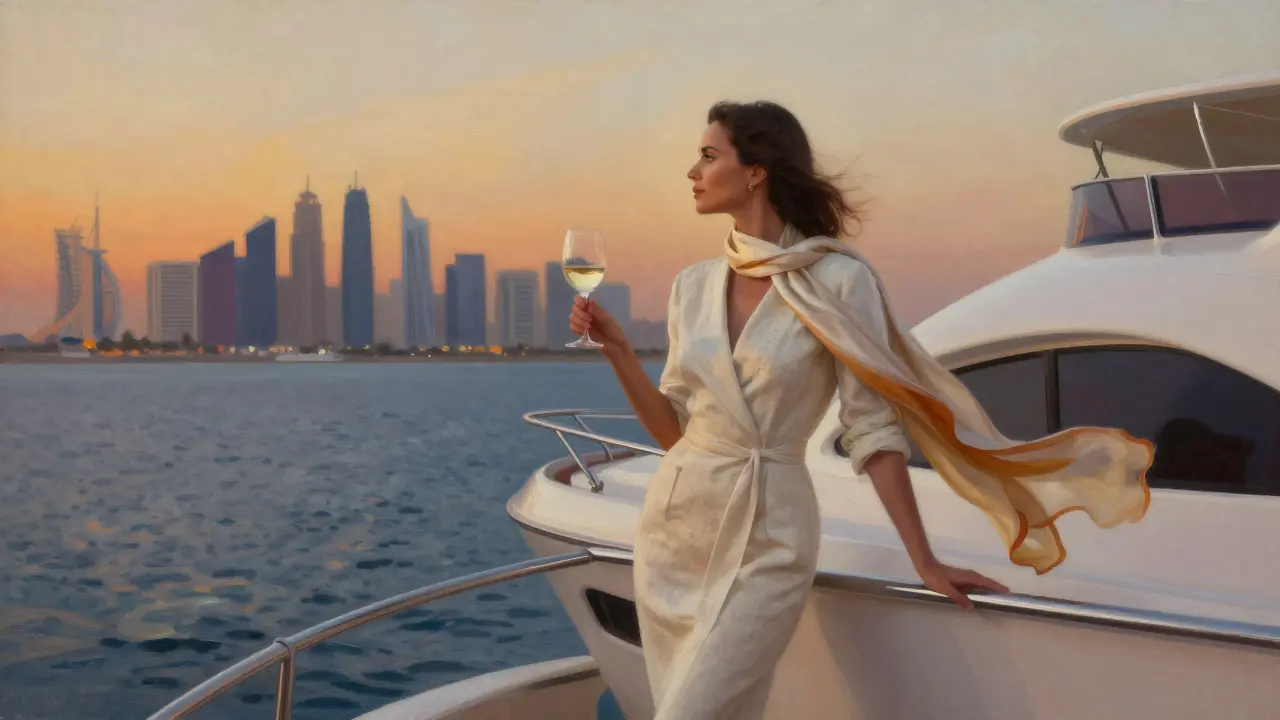 A woman in elegant attire beside a private yacht at sunset, overlooking Abu Dhabi's skyline.