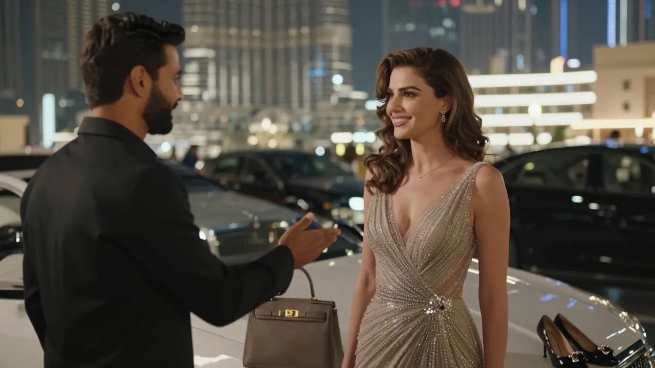 A woman tipping a hotel valet with kindness and eye contact in downtown Dubai.