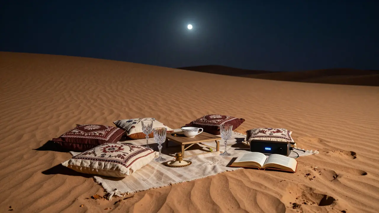 An abandoned desert picnic under starlight, with vintage glassware and woven rugs on golden dunes.