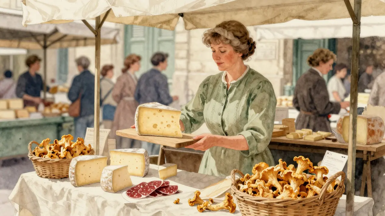 An elderly woman at a market stall offering a wedge of aged cheese, surrounded by fresh mushrooms and cured meats in a traditional Parisian market.