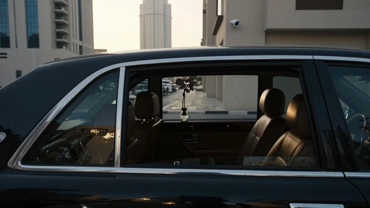 An empty luxury car in Dubai at dawn with a single orchid on the back seat, hinting at consistent, respectful visits.