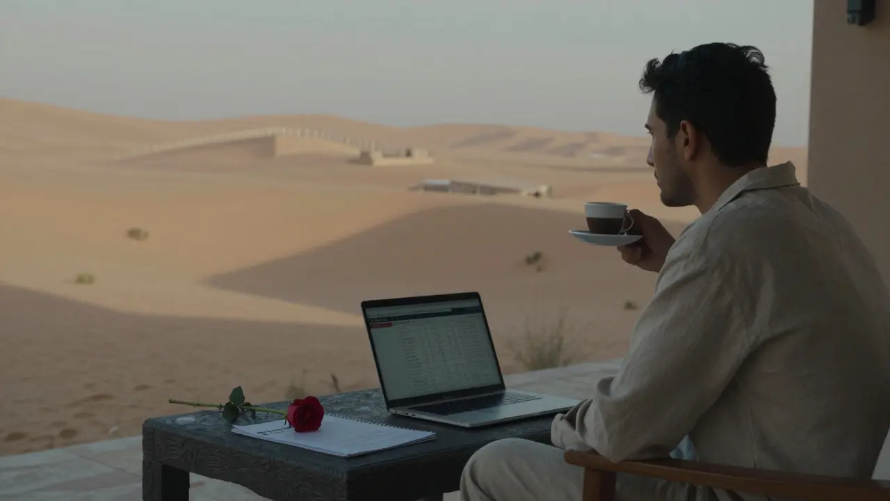 An empty terrace at dawn with coffee and a rose, suggesting a quiet, personal moment.