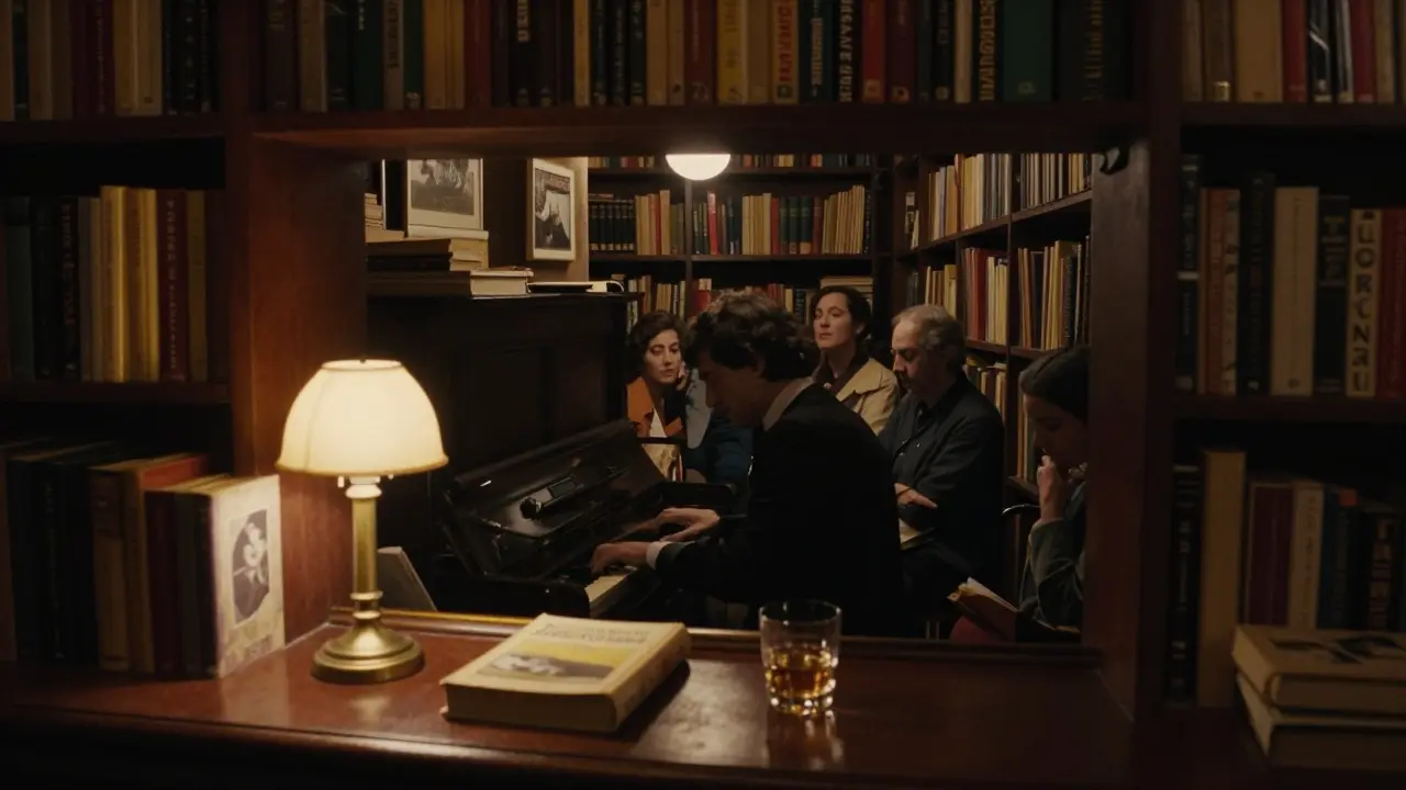 An underground jazz cellar with a pianist playing in warm dim light among vintage books and quiet patrons.