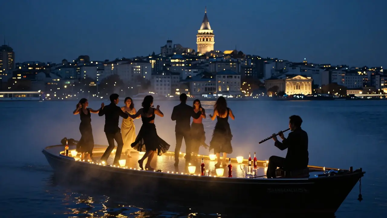 Boat party on the Bosphorus at night with dancers, lanterns, and the glowing city skyline in the background.