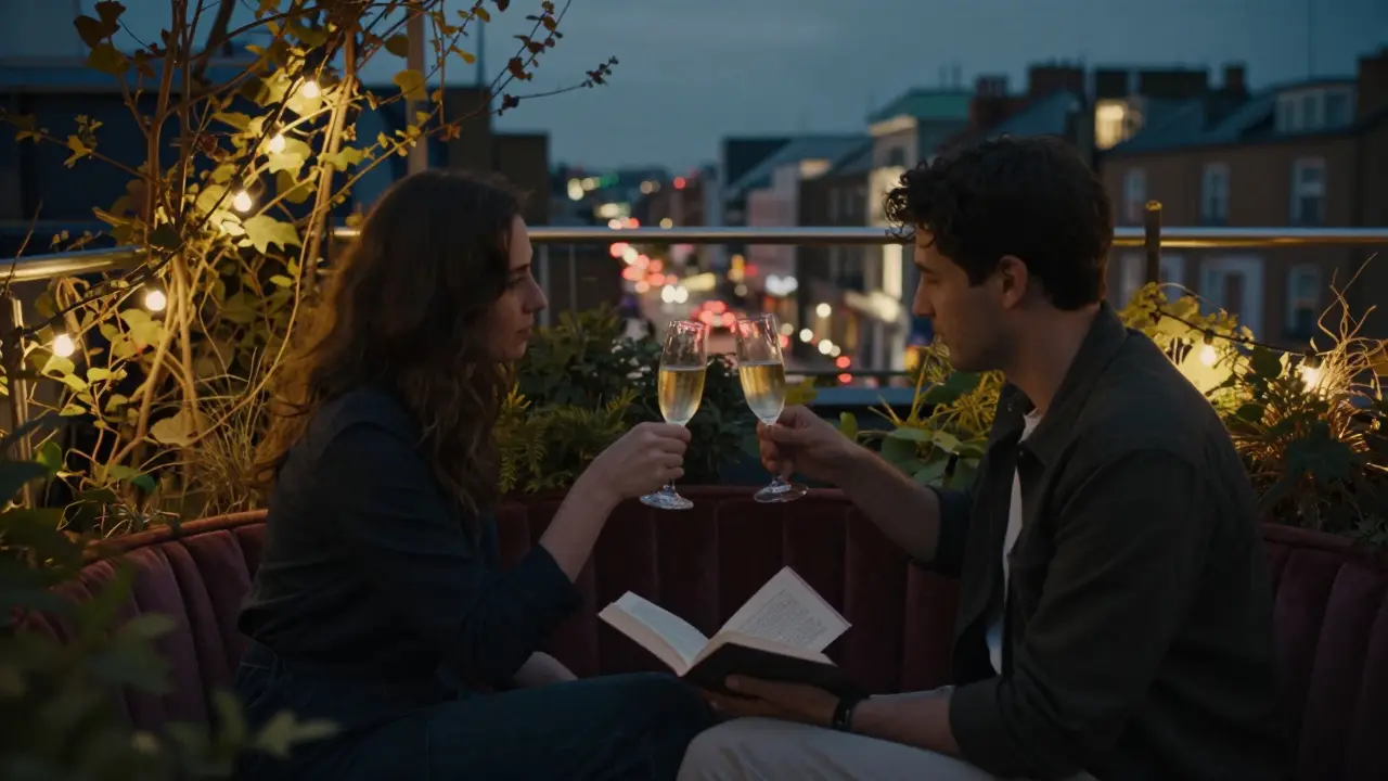 Couple on a rooftop garden in Chelsea at twilight, sipping champagne under string lights.