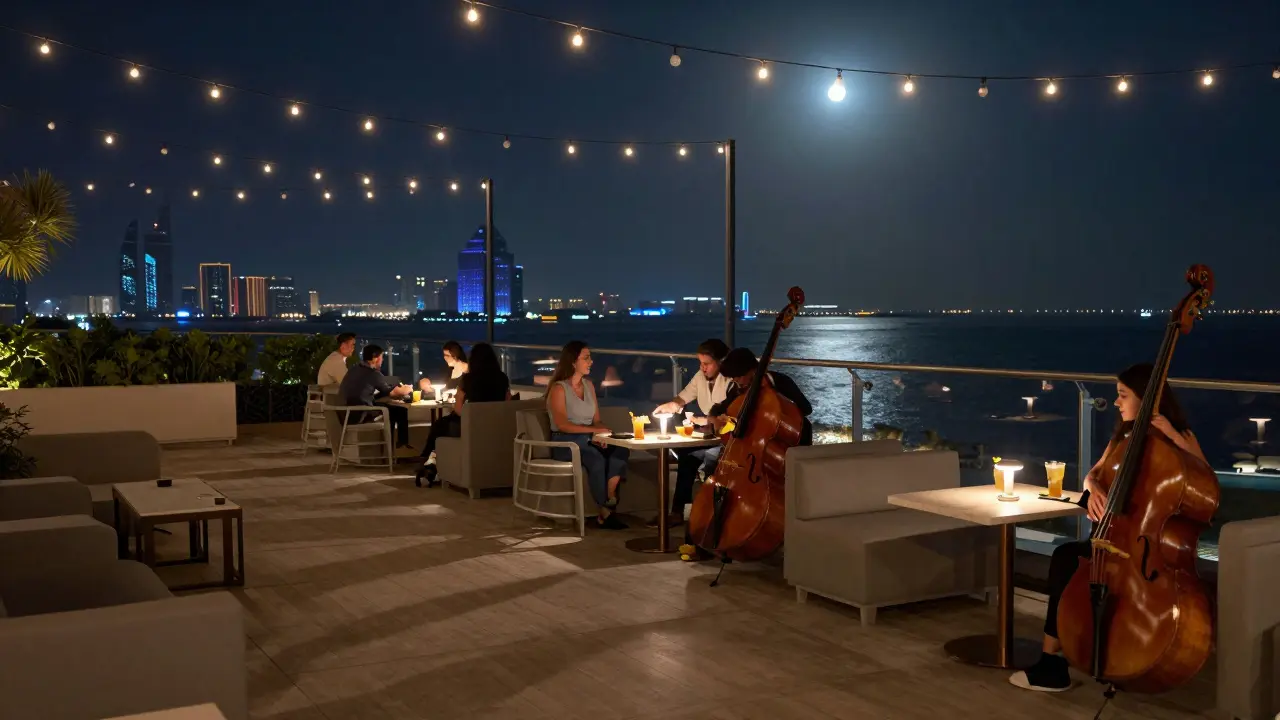 Couples and solo guests enjoying craft cocktails on a serene rooftop bar with city and sea views.