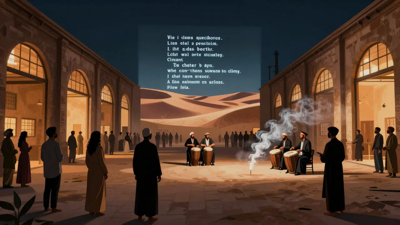 Crowd gathered in Alserkal Avenue&#039;s Warehouse 421, watching projected poetry and live percussion under warm industrial lights.