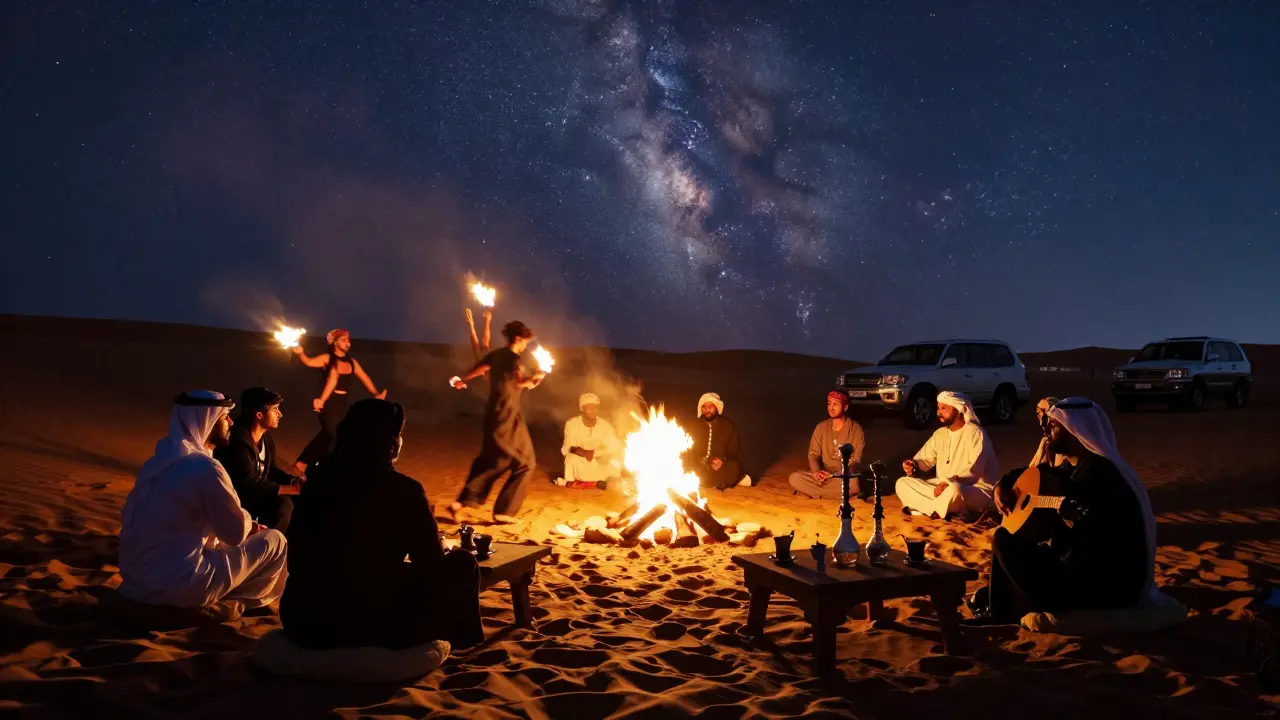 Desert dune party at night with fire dancers, firelight, stargazing, and traditional music under a starry sky.