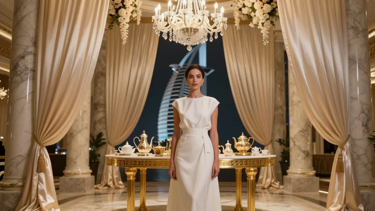 Elegant afternoon tea at Burj Al Arab with gold-rimmed china and opulent surroundings.