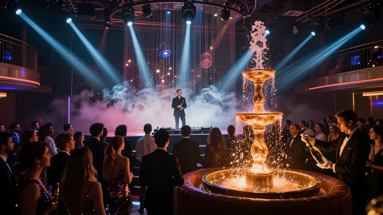Elegant nightclub interior with DJ, champagne fountain, and stylish crowd under dynamic colored lights.