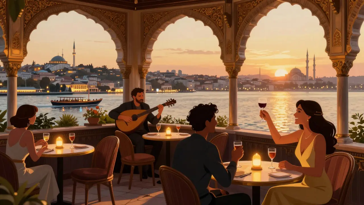 Elegant rooftop bar at Çırağan Palace with candlelit tables, oud music, and the Golden Horn glowing in the distance.
