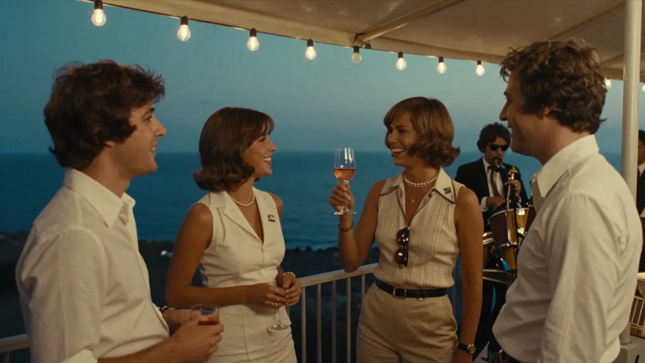 Group of people laughing at La Rascasse under string lights, live music in the background.