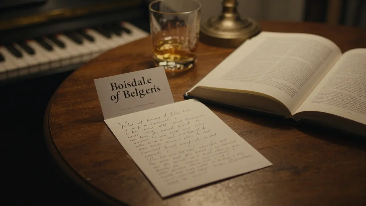 Handwritten note and gift card beside a book and whiskey glass on a wooden table.