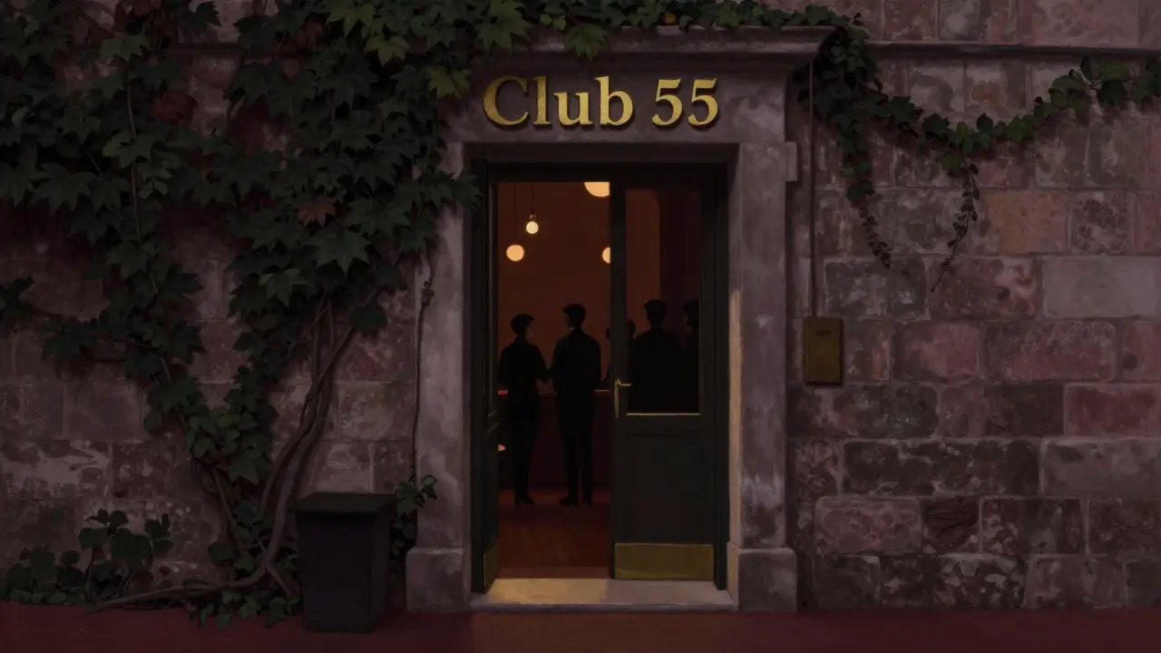 Hidden entrance to Club 55, an unmarked door with a sliver of warm light spilling out.