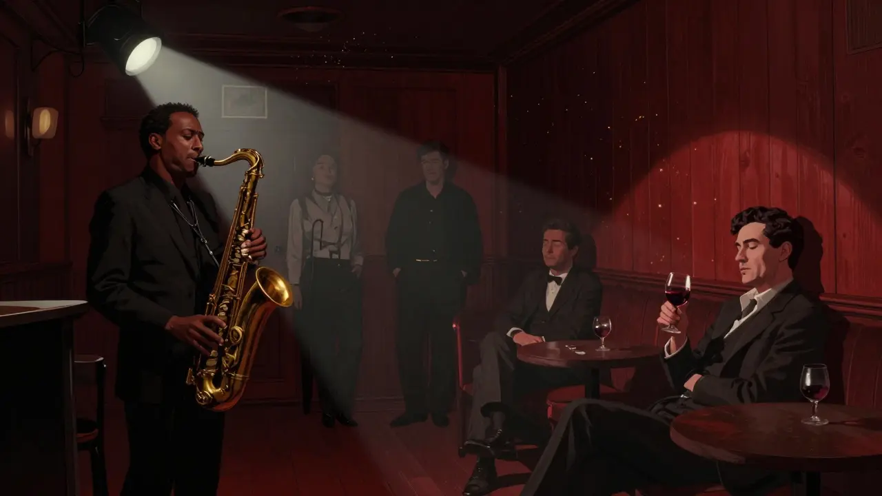 Jazz musician playing in a dim cellar as a lone listener stands quietly in the shadows.