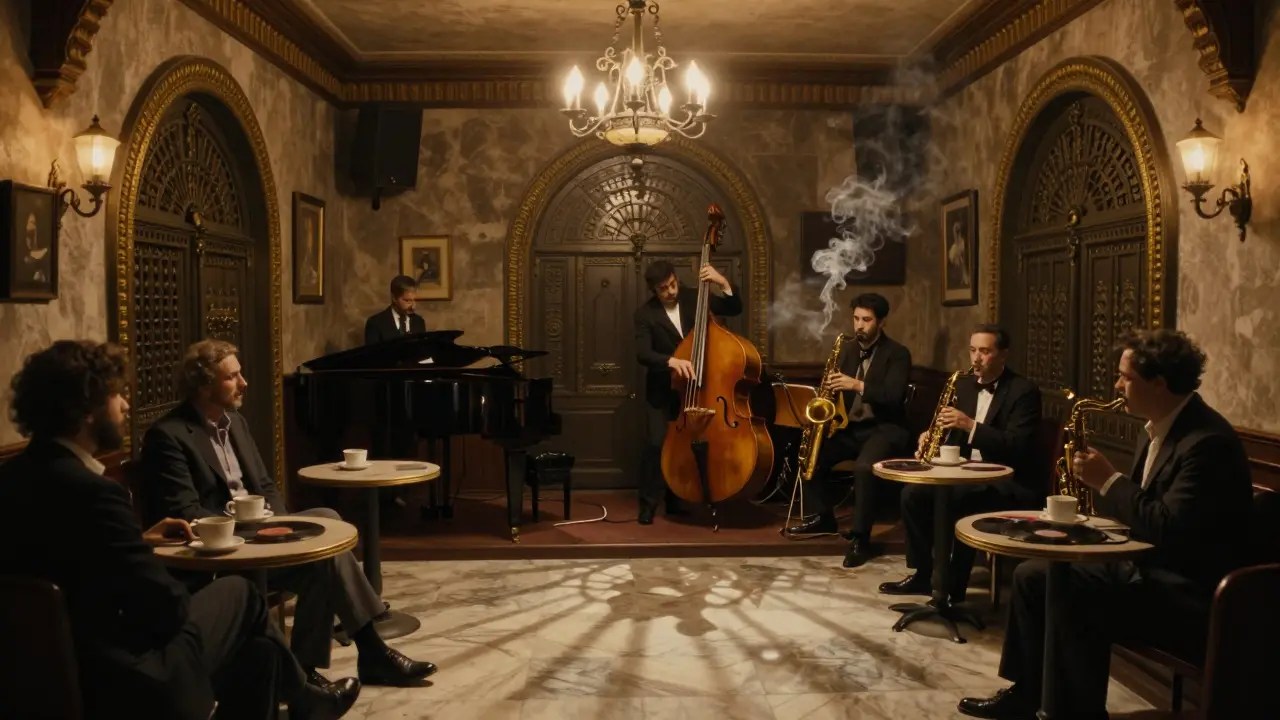 Jazz musicians performing in a historic Ottoman bank turned music venue with dim amber lighting and marble floors.