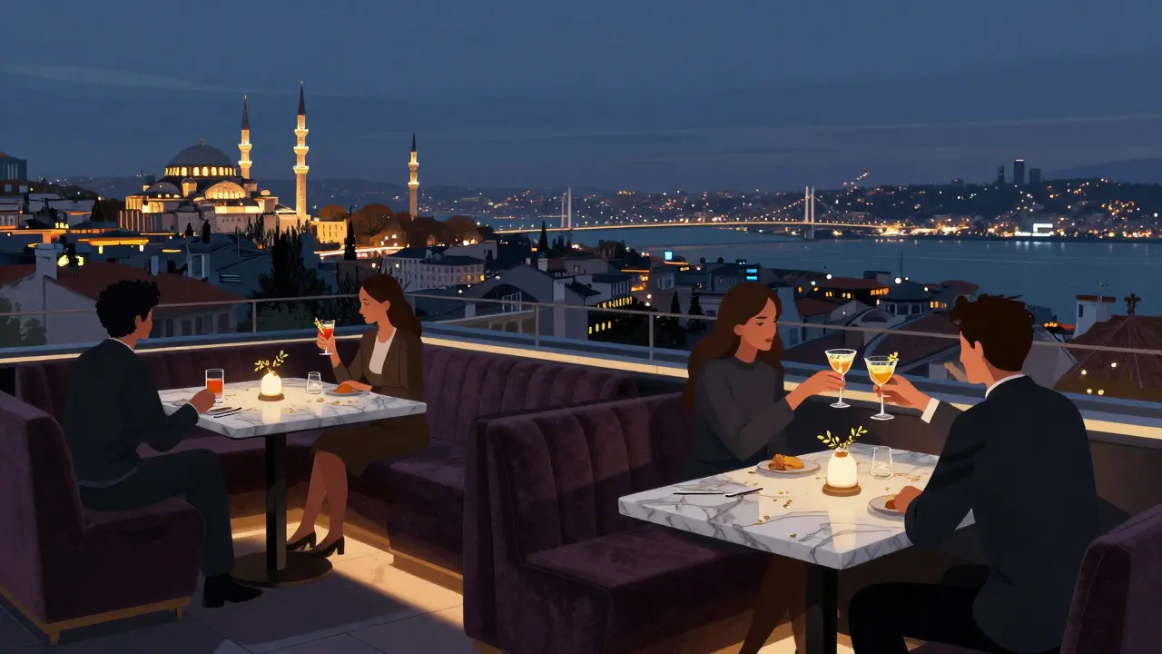 Luxurious rooftop bar with guests enjoying cocktails and panoramic views of Istanbul&#039;s illuminated skyline.