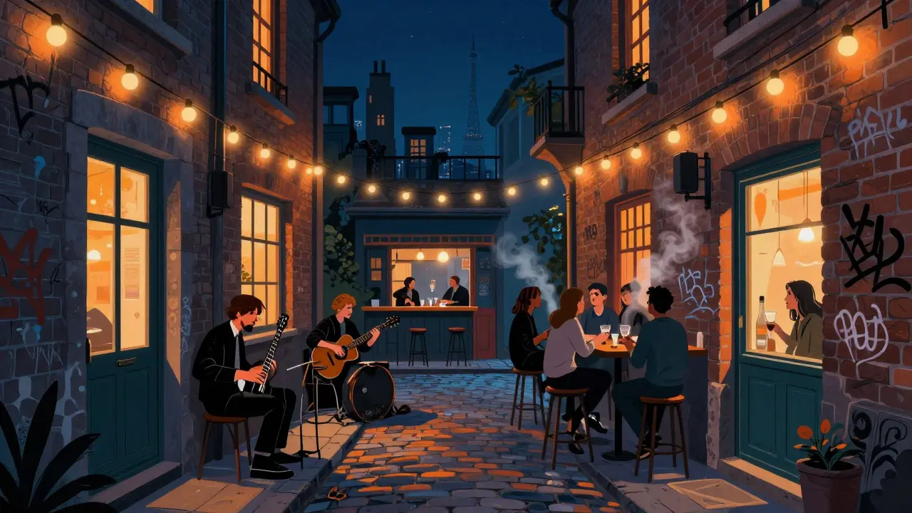 Nighttime alley in Belleville with multiple bars glowing, live music spilling out, and the Eiffel Tower in the distance.