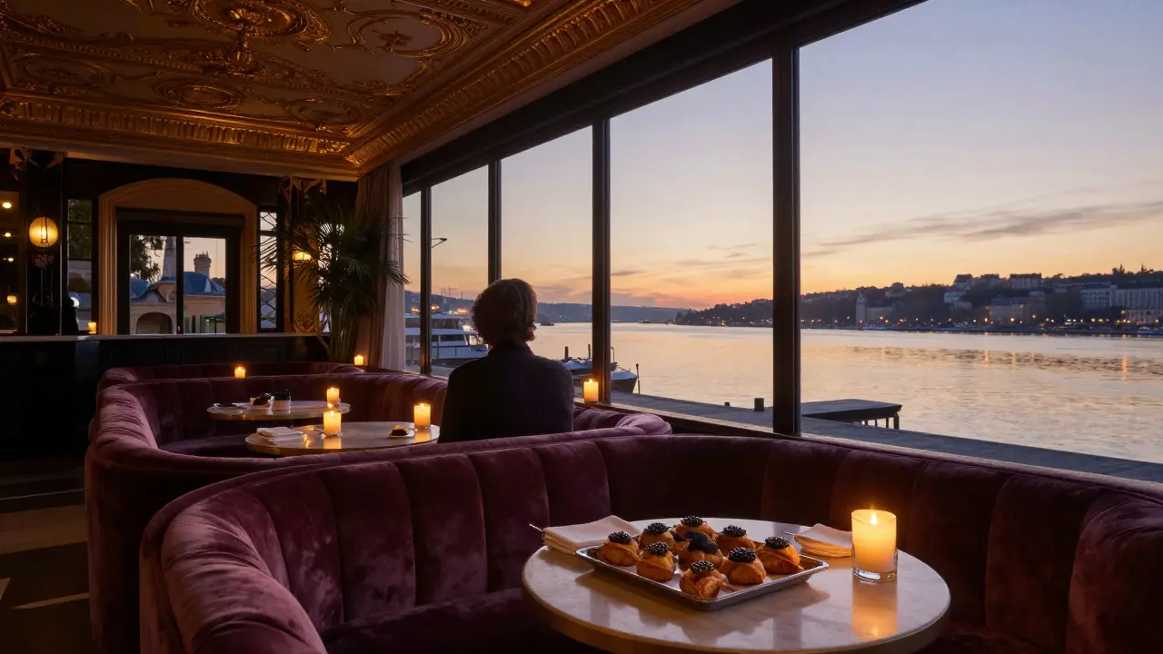 Quiet 4 a.m. lounge at Le Jardin d’Hiver with candlelight, velvet couches, and sunrise over the harbor.