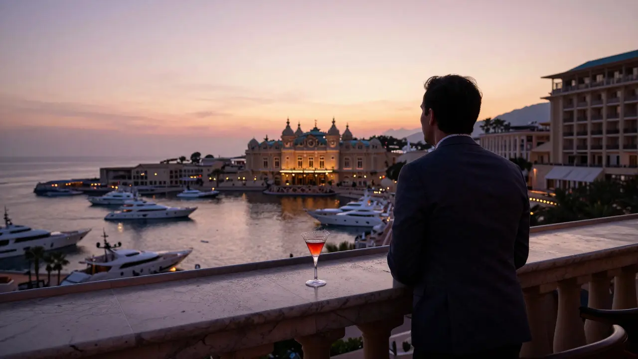 Rooftop view at dawn over Monaco harbor, lone figure gazing as city lights fade into sunrise.