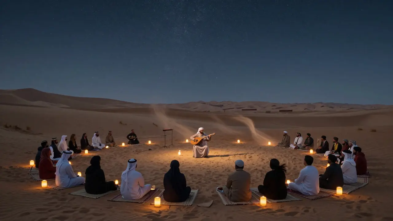 Silent audience under desert stars at Dubai Desert Classic, performer reciting poetry as lanterns glow around a sand amphitheater.