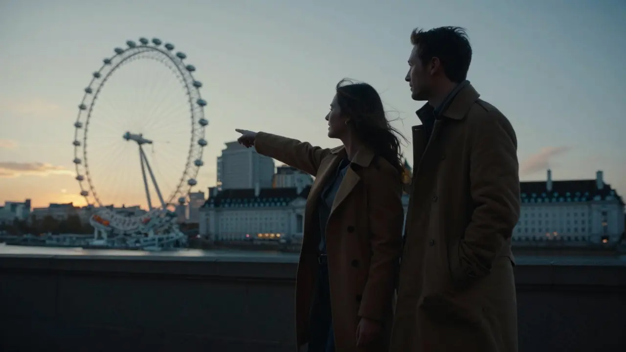 Silhouetted couple walking along the Thames at sunset, pointing toward a distant venue.