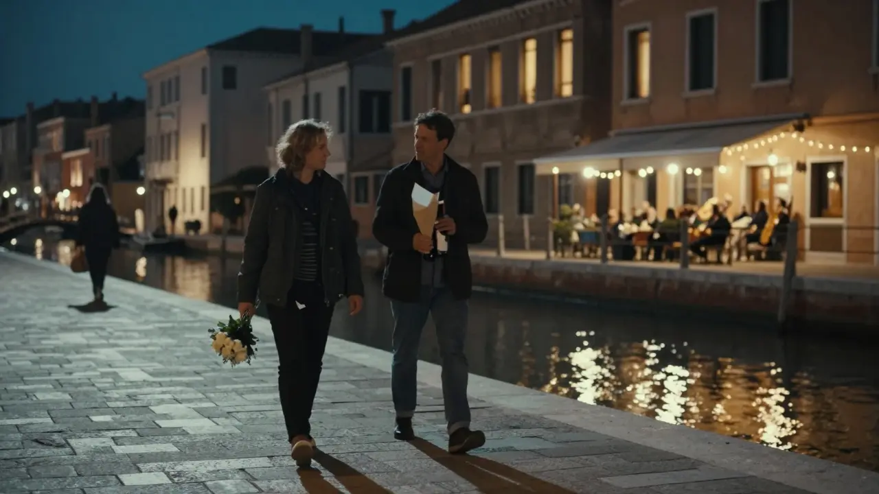 Two figures walking along the Navigli canals at night under soft string lights.