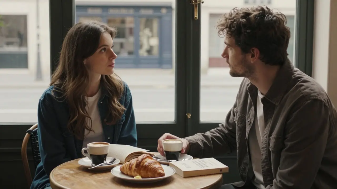 Two people enjoying a quiet morning at a Parisian café with coffee and a book by Colette.