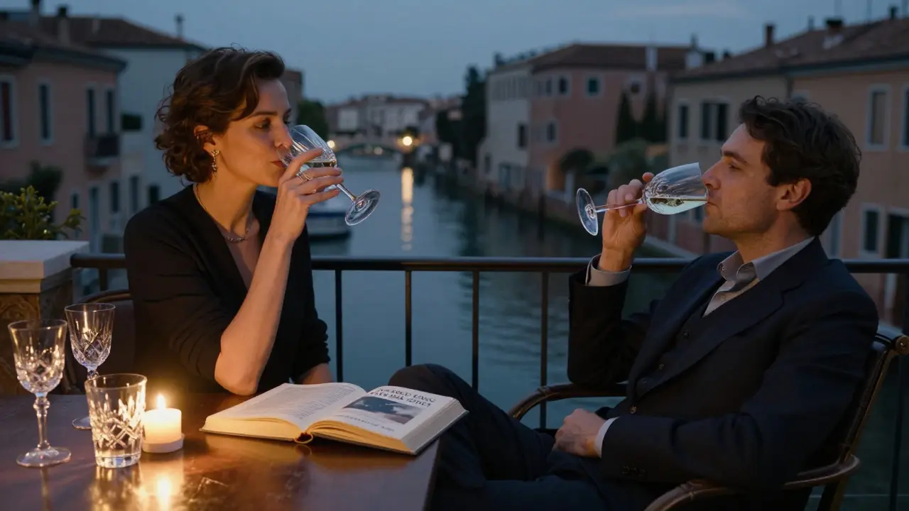 Two people share a quiet evening on a rooftop terrace in Milan, wine and a classic book on the table.