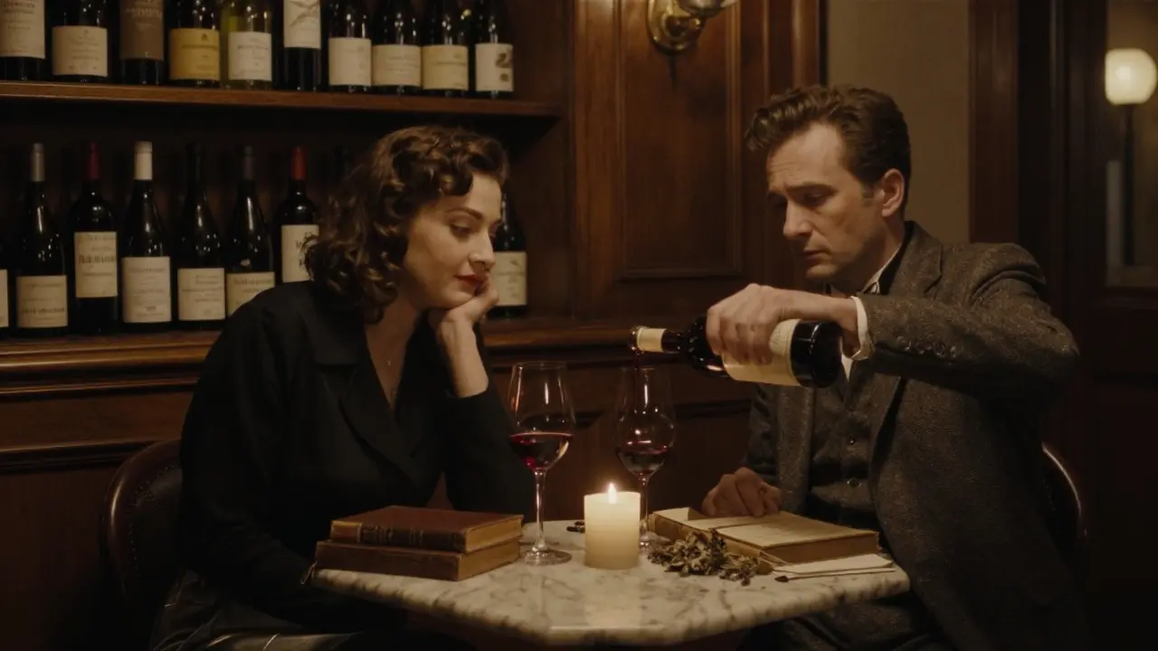 Two people share a quiet wine moment in a dimly lit Parisian speakeasy surrounded by vintage books and bottles.