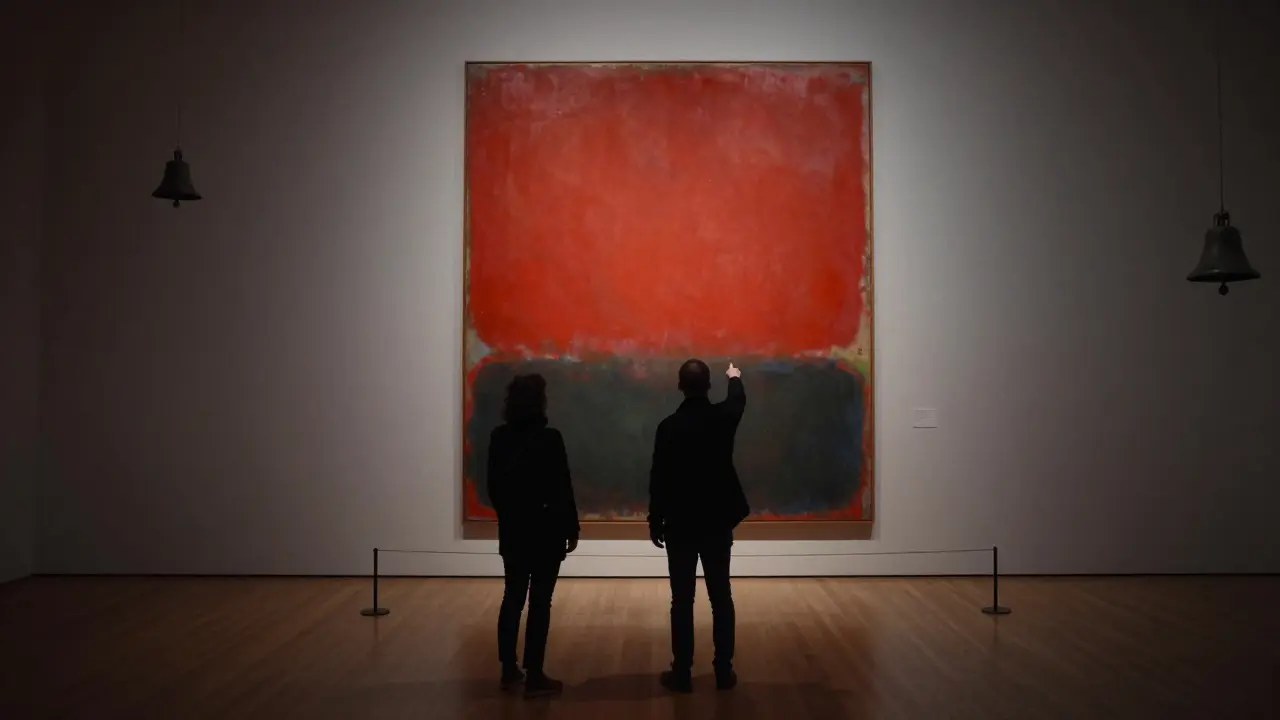 Two people standing before a Rothko painting in an empty Tate Modern gallery after hours.