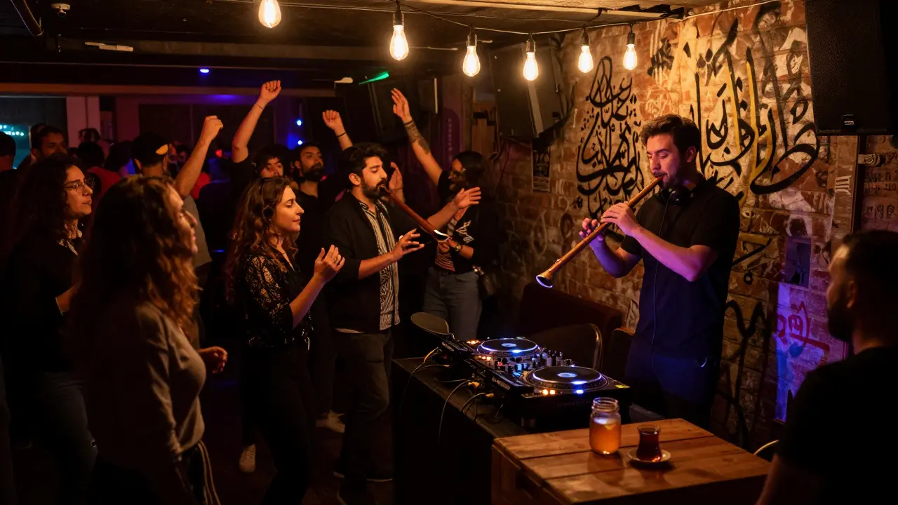 Underground club in Beyoğlu with dancers under string lights, a ney flute player, and graffiti-covered walls.
