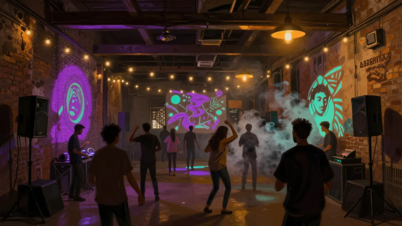 Underground party in an industrial warehouse with dancers, projected art, and live music under amber lights.