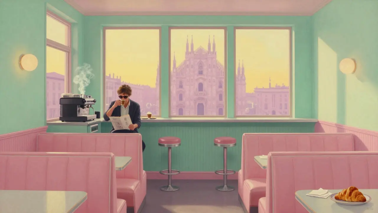 A 1950s-style bar at dawn with pastel interiors, a DJ sipping coffee, and morning light streaming through windows.