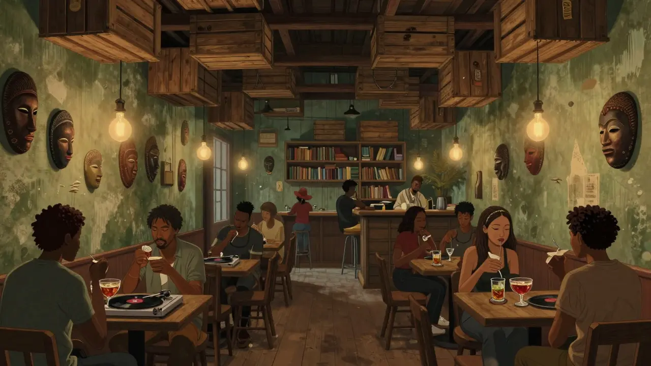 A cluttered, dreamlike underground bar with wooden crates, African masks, and people swaying to vinyl music.