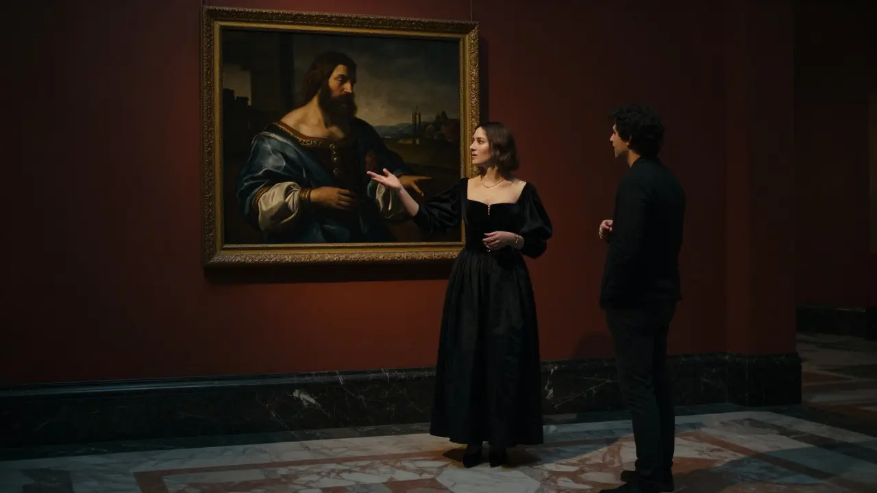 A companion shares the story of a Renaissance painting with a client in the quiet, candlelit Pinacoteca di Brera.