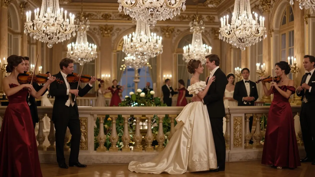 A couple in elegant attire stands quietly at the Bal des Débutantes, surrounded by crystal chandeliers and candlelight.