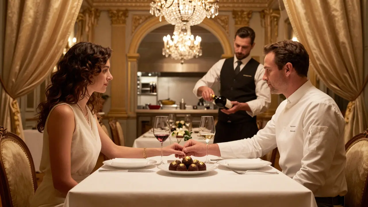 A couple shares chocolate truffles and wine under crystal chandeliers at Le Louis XV restaurant.