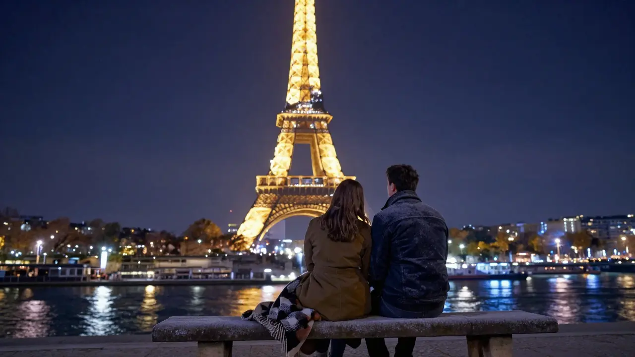 A couple sits on a bench watching the Eiffel Tower sparkle at night, the city lights shimmering around them.