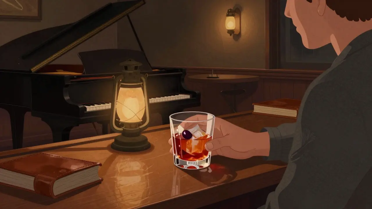 A lone person at a dimly lit bar with a whiskey cocktail, surrounded by books and warm lantern light.