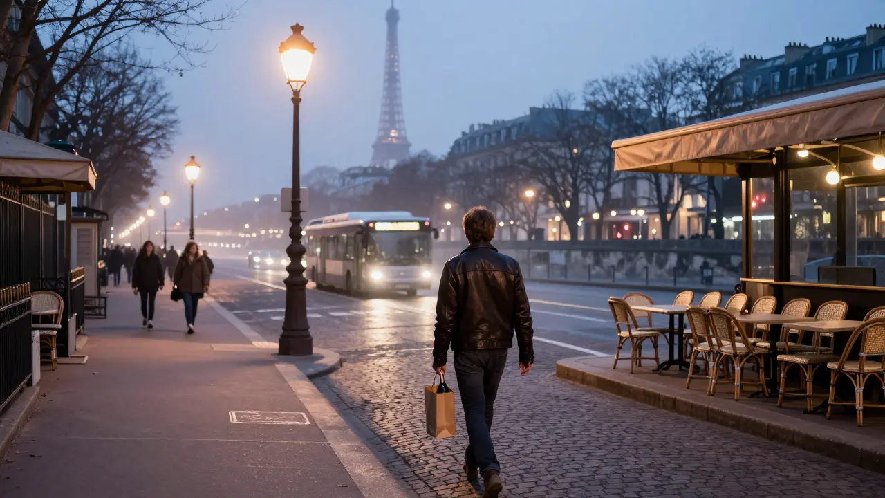 A lone walker at dawn near a Paris metro station, holding a wine bottle under soft streetlights.