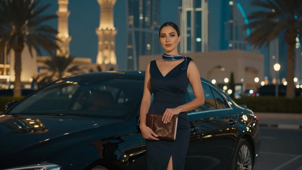 A professionally dressed woman standing beside a luxury car outside a high-end Abu Dhabi hotel.