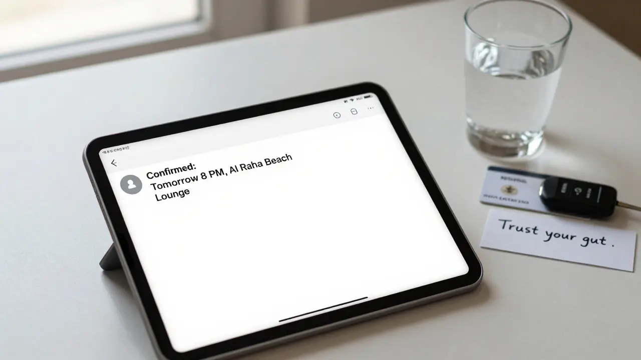 A secure digital tablet showing a confirmed meeting detail on a minimalist desk with no faces visible.