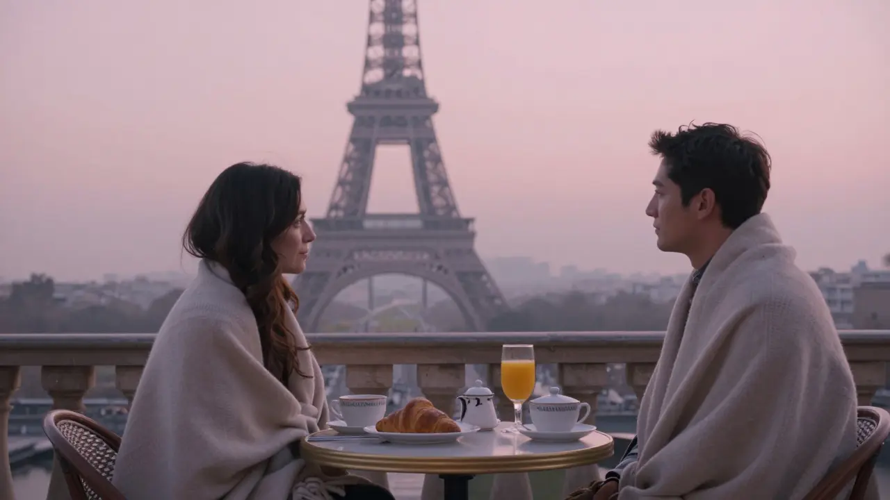 A serene dawn breakfast on Le Meurice's private terrace with the Eiffel Tower in the misty background.