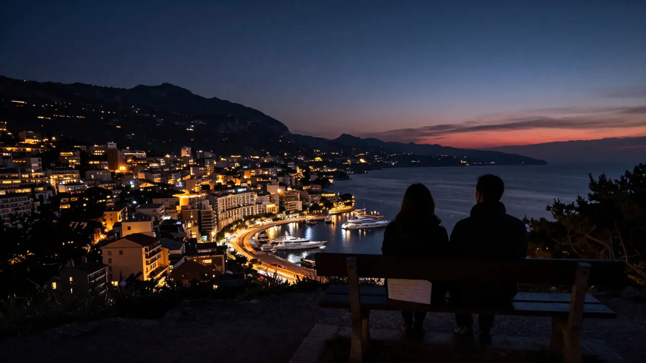 A silhouette couple sits on a hidden cliff bench overlooking Monaco’s glittering nightlife at night.