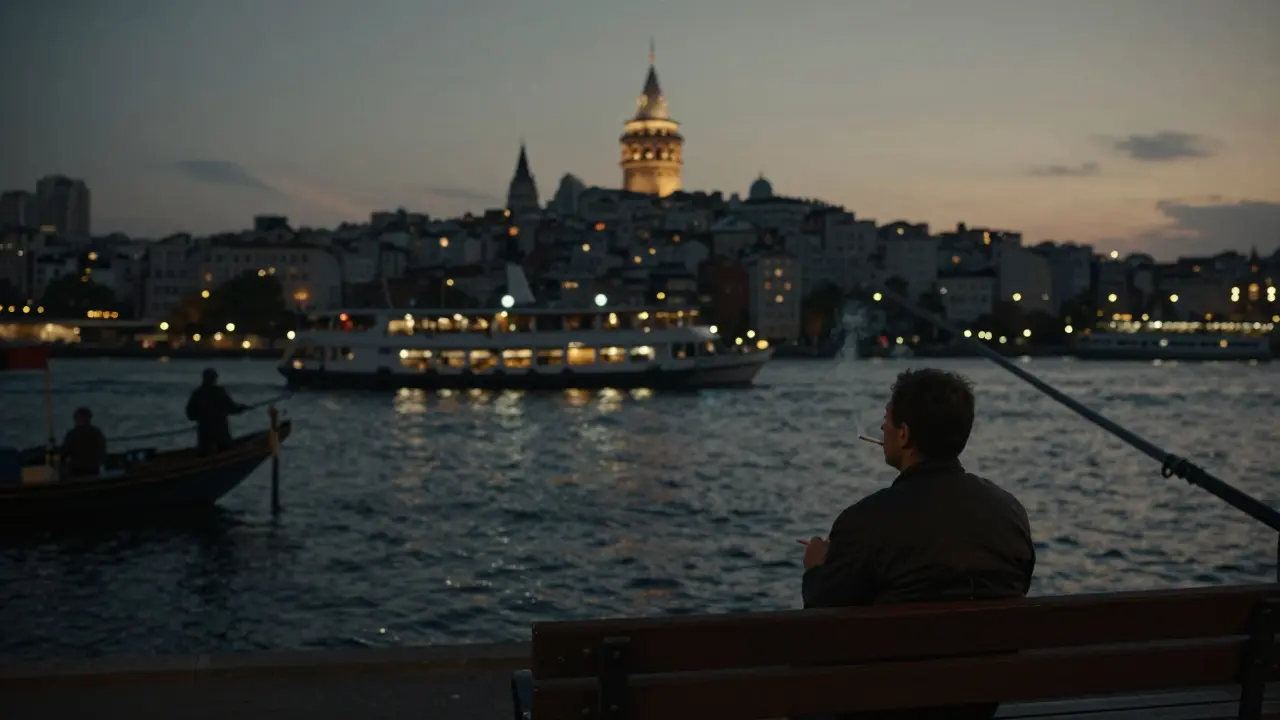 A solitary person sits on a bridge bench at dawn, watching fishermen and glowing ferries on the Bosphorus.
